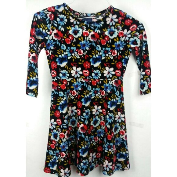 Girls Floral Skater Dress 3/4 Sleeve Size Large 10 Stretch Black Flowers - Picture 1 of 5